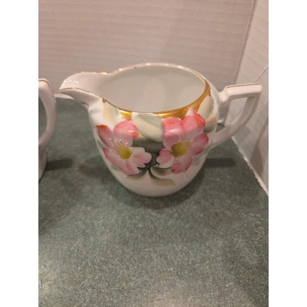 Vintage Noritake AZALEA Sugar Bowl w/ Lid & Creamer Hand Painted Pink Flowers